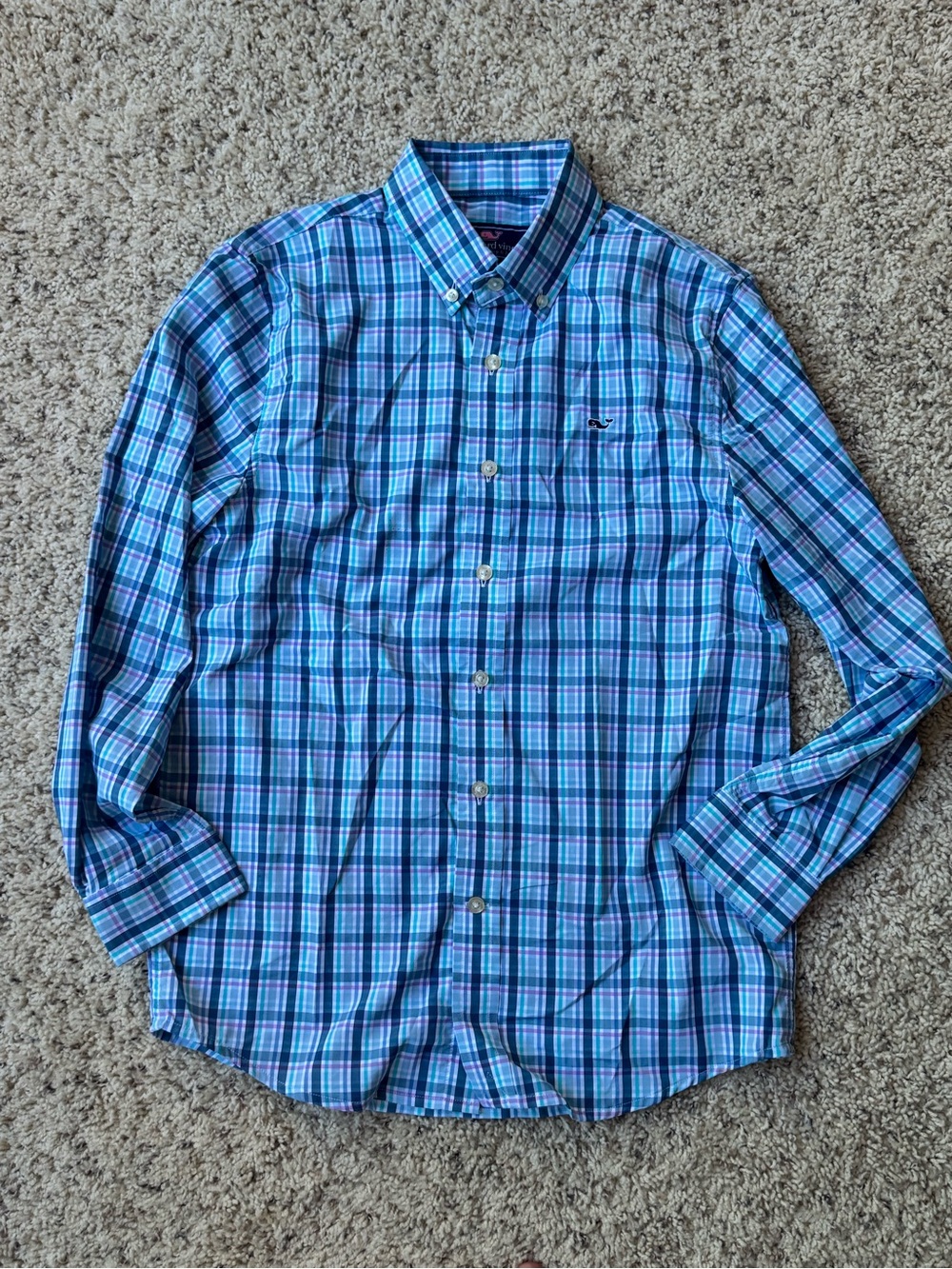Boys Blue Plaid Button-Down Shirt, size M (12/14) whale shirt